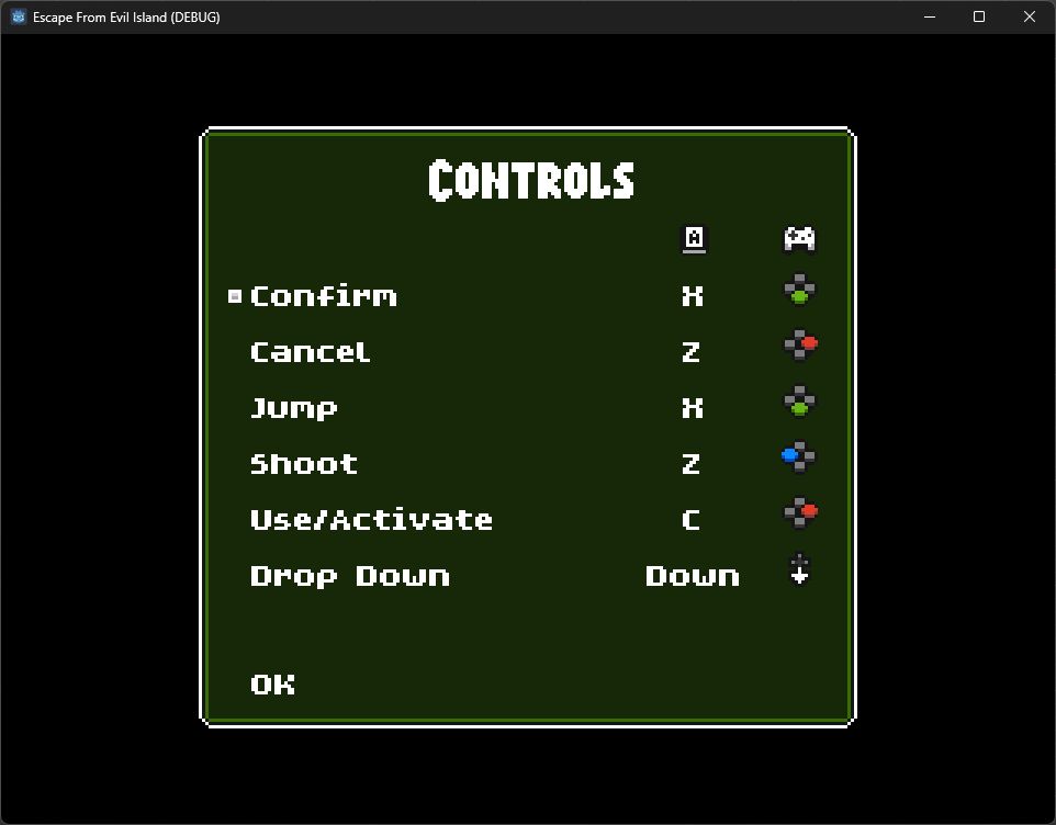 A screenshot of Escape from Evil Island's control remapping screen. It is a list of the various actions the player can take, and the keyboard or joypad button you would press to do them.