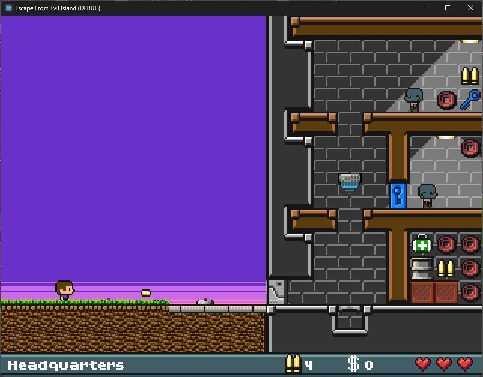 A screenshot of Escape from Evil Island's second-last level. The player is standing at the lower left of the screen, and a metal door blocks the way into a tower full of zombies. Some landmines peek out from the grass in front of the player... and maybe something else? The status bar identifies the level as 'Headquarters'.