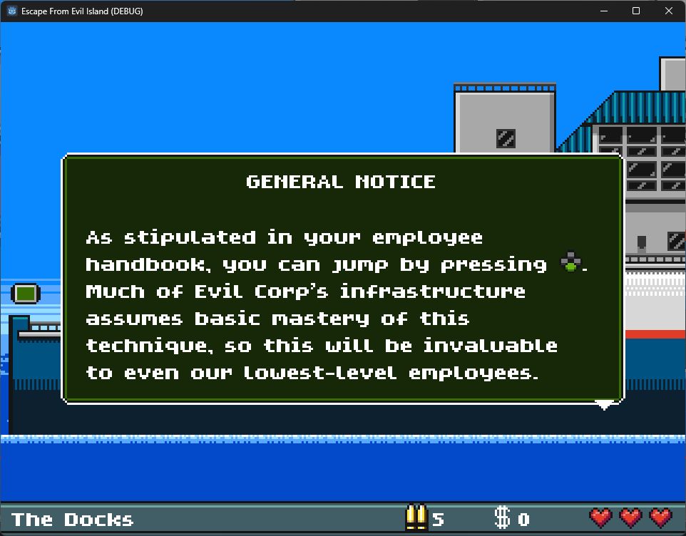 A screenshot of Escape from Evil Island. An open info terminal reads 'GENERAL NOTICE: As stipulated in your employee handbook, you can jump by pressing [a glyph that represents the bottom button on a controller]. Much of Evil Corp's infrastructure assumes basic mastery of this technique, so this will be invaluable to even our lowest-level employees.'