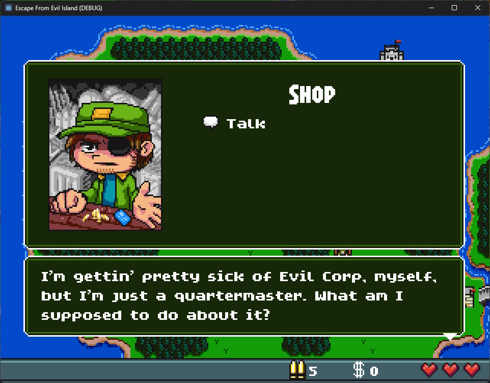 A screenshot showing the game's merchant, speaking with the player. He is saying "I'm gettin' pretty sick of Evil Corp, myself, but I'm just a quartermaster. What am I supposed to do about it?"